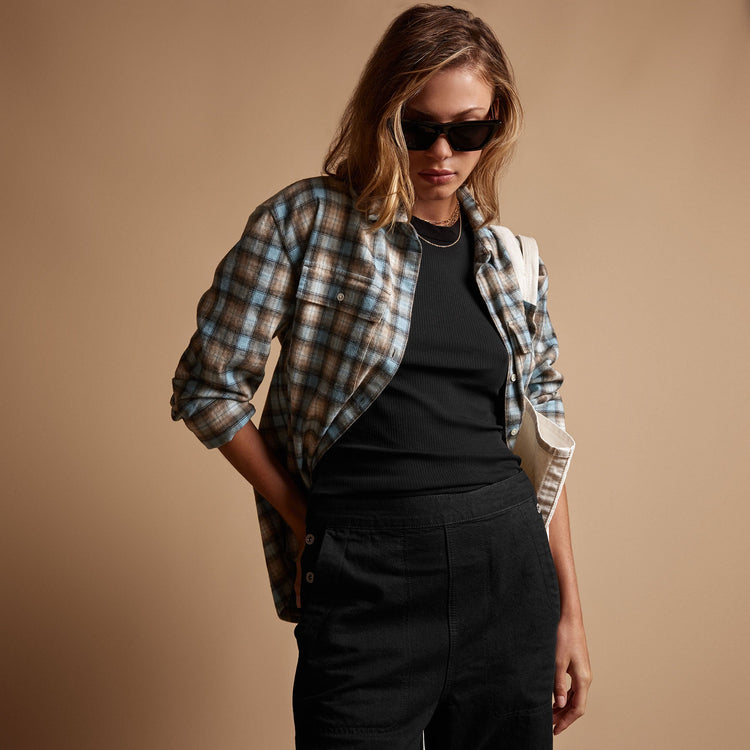 Relaxed Plaid Flannel Shirt in Baby Blue | James Perse Los Angeles