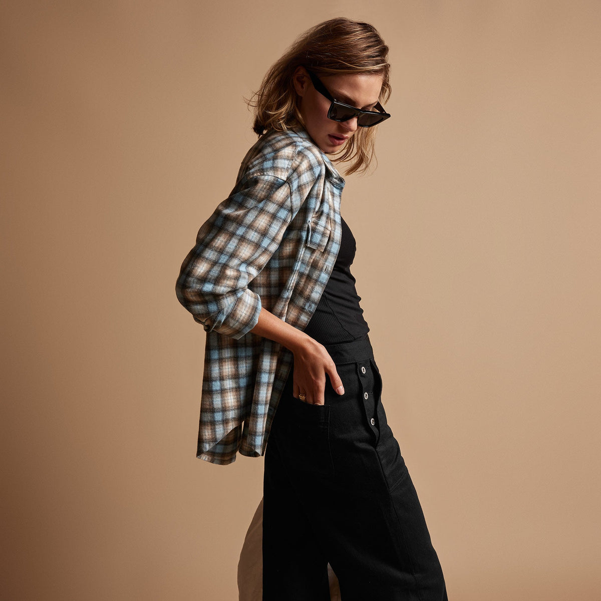 Relaxed Plaid Flannel Shirt in Baby Blue | James Perse Los Angeles