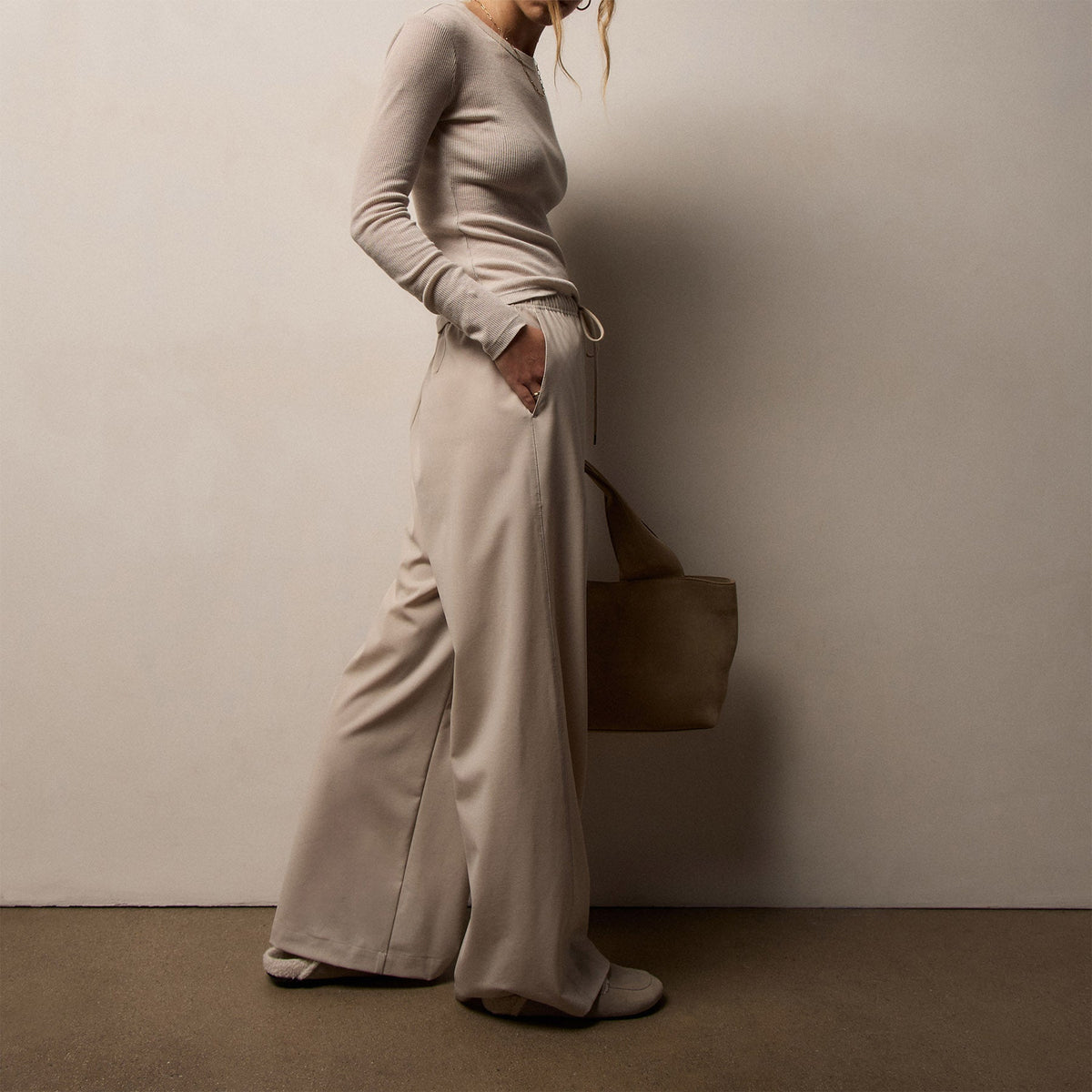 Stretch Wool Wide Leg Pant - Flax