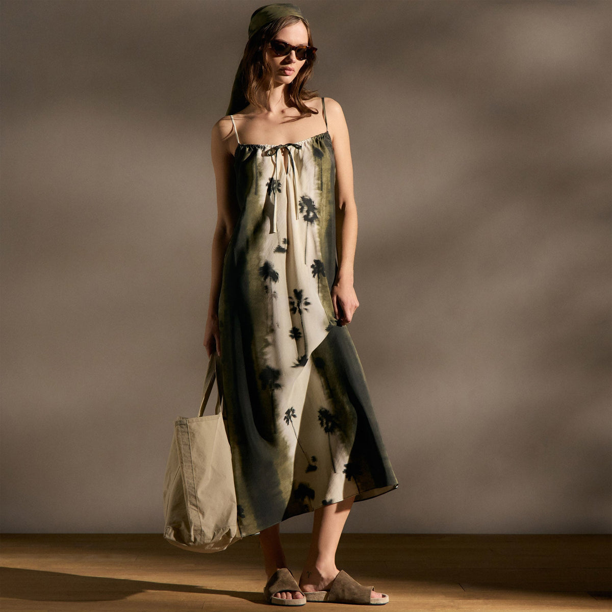 Printed Washed Silk Strappy Cami Dress - Ombre Palm Print