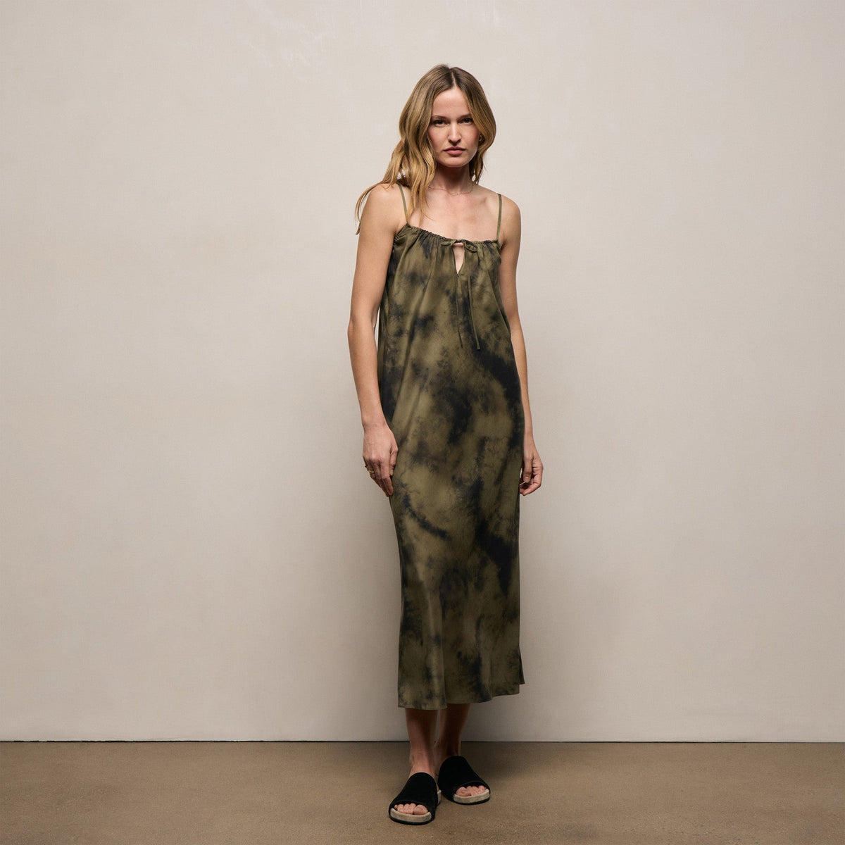 Printed Washed Silk Strappy Cami Dress in Tie Dye Green | James Perse Los Angeles