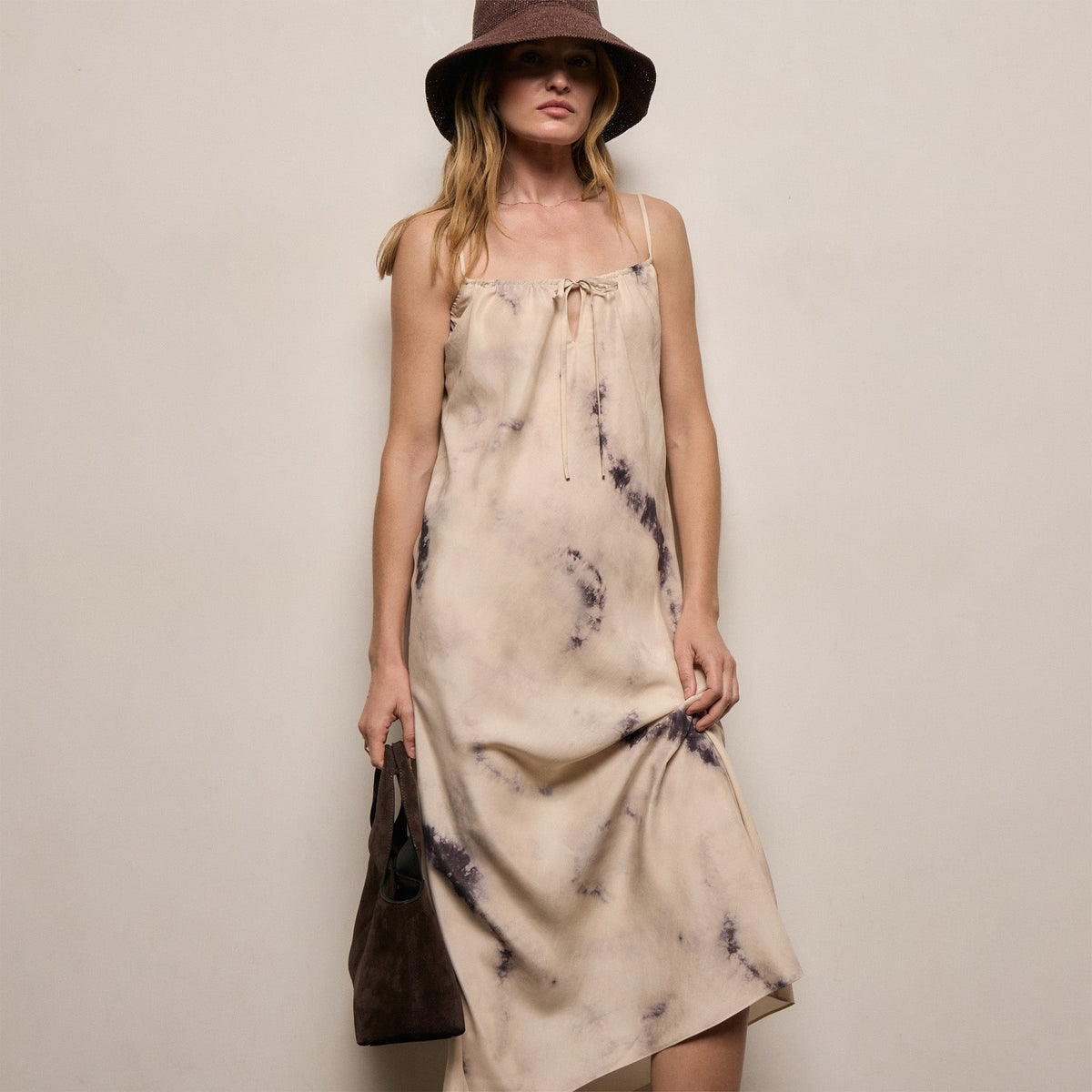 Printed Washed Silk Strappy Cami Dress in Pink Tie Dye | James Perse Los Angeles