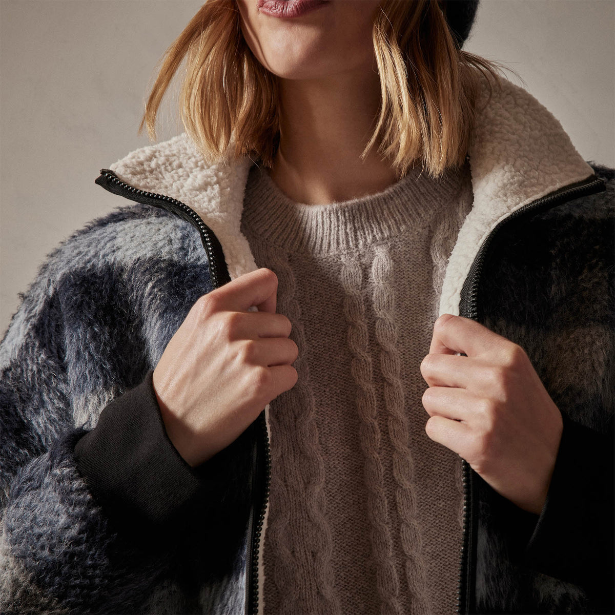 Sherpa Lined Plaid Zip Jacket in Breeze Plaid | James Perse Los Angeles