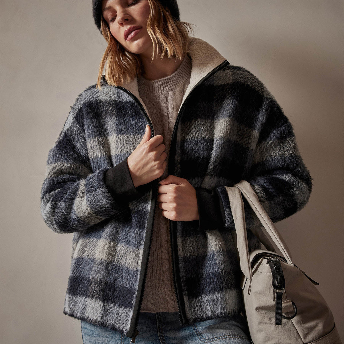 Sherpa Lined Plaid Zip Jacket in Breeze Plaid | James Perse Los Angeles