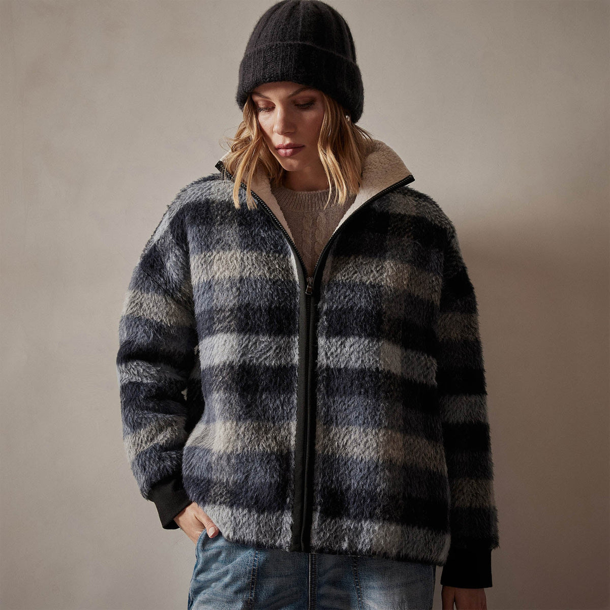 Sherpa Lined Plaid Zip Jacket in Breeze Plaid | James Perse Los Angeles