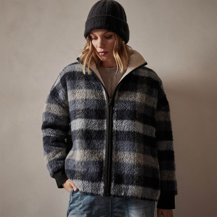 Sherpa Lined Plaid Zip Jacket in Breeze Plaid | James Perse Los Angeles