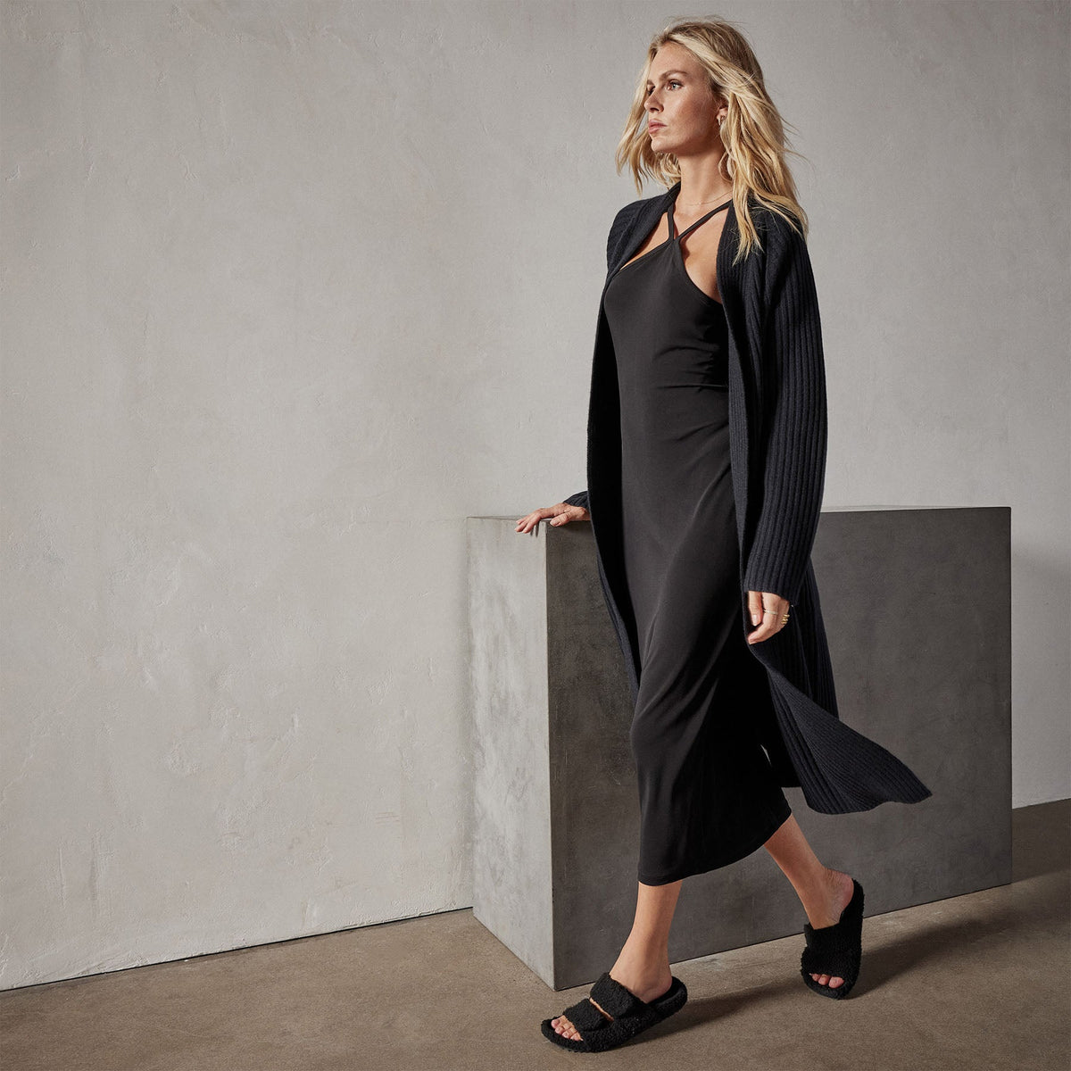 Recycled Cashmere Rib Cardigan in Black | James Perse Los Angeles