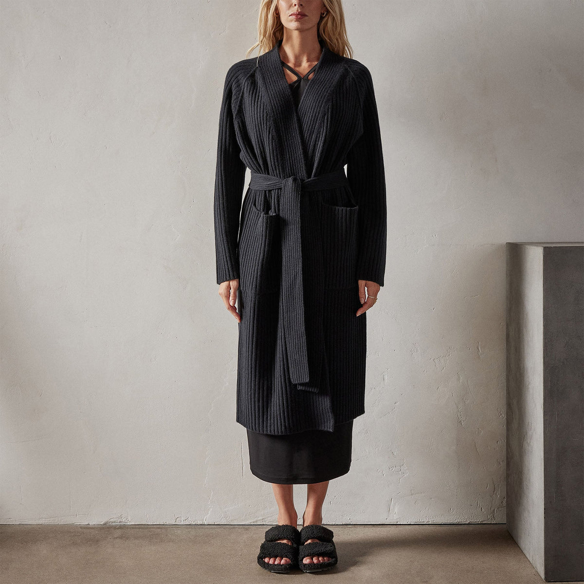 Recycled Cashmere Rib Cardigan in Black | James Perse Los Angeles