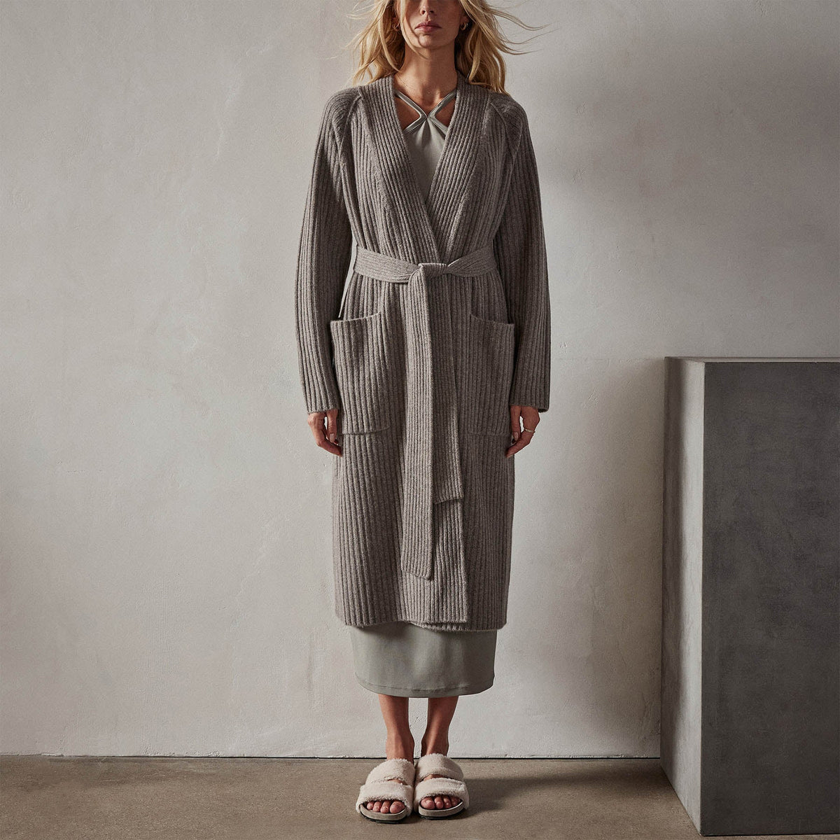 Recycled Cashmere Rib Cardigan in Cement | James Perse Los Angeles
