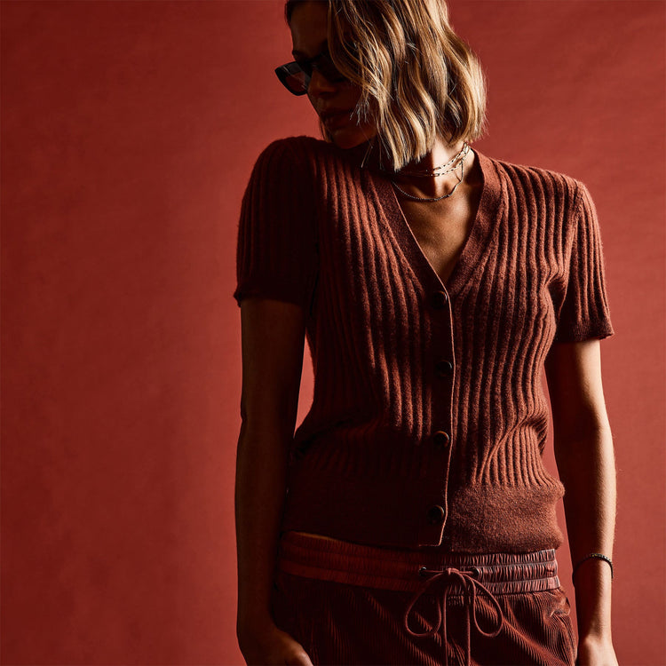 Ribbed Cashmere Cardigan in Goji | James Perse Los Angeles