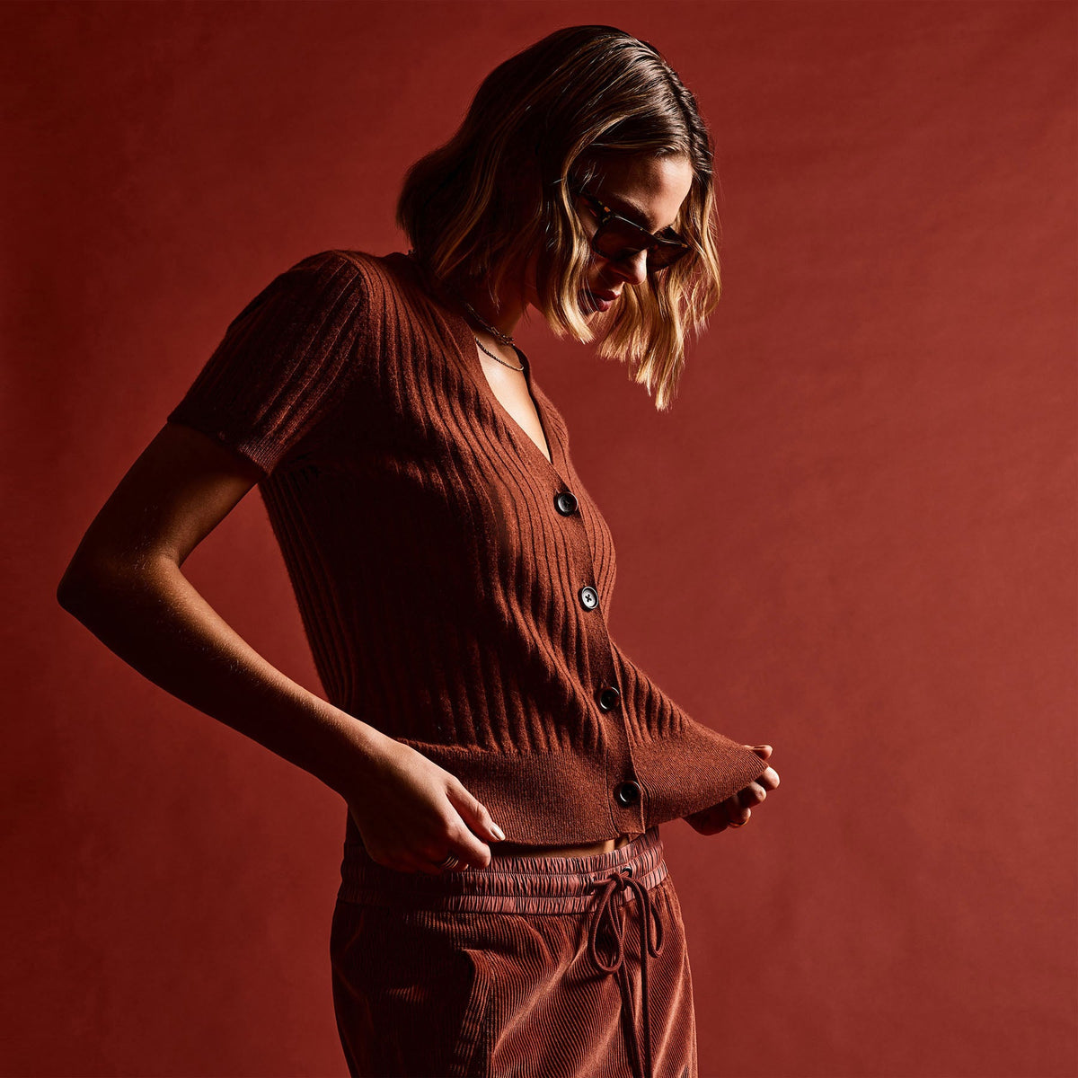 Ribbed Cashmere Cardigan in Goji | James Perse Los Angeles