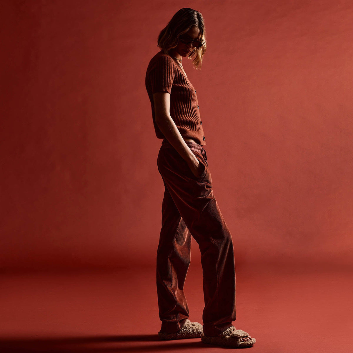 Ribbed Cashmere Cardigan in Goji | James Perse Los Angeles