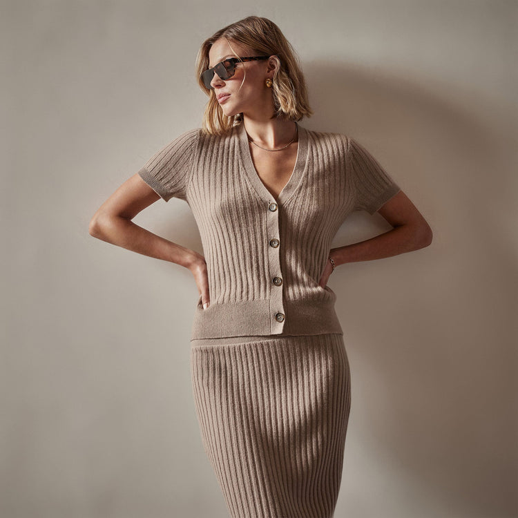 Ribbed Cashmere Cardigan in Mocha | James Perse Los Angeles