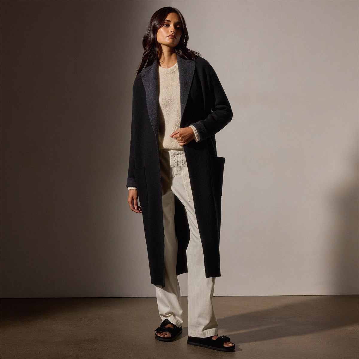 Double Bed Cashmere Shawl Collar Coat in Black/Coal | James Perse Los Angeles