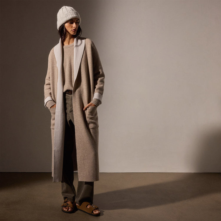 Double Bed Cashmere Shawl Collar Coat in Coyote/Pearl | James Perse Los Angeles