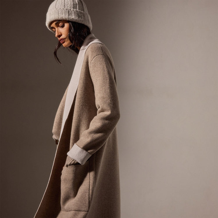 Double Bed Cashmere Shawl Collar Coat in Coyote/Pearl | James Perse Los Angeles