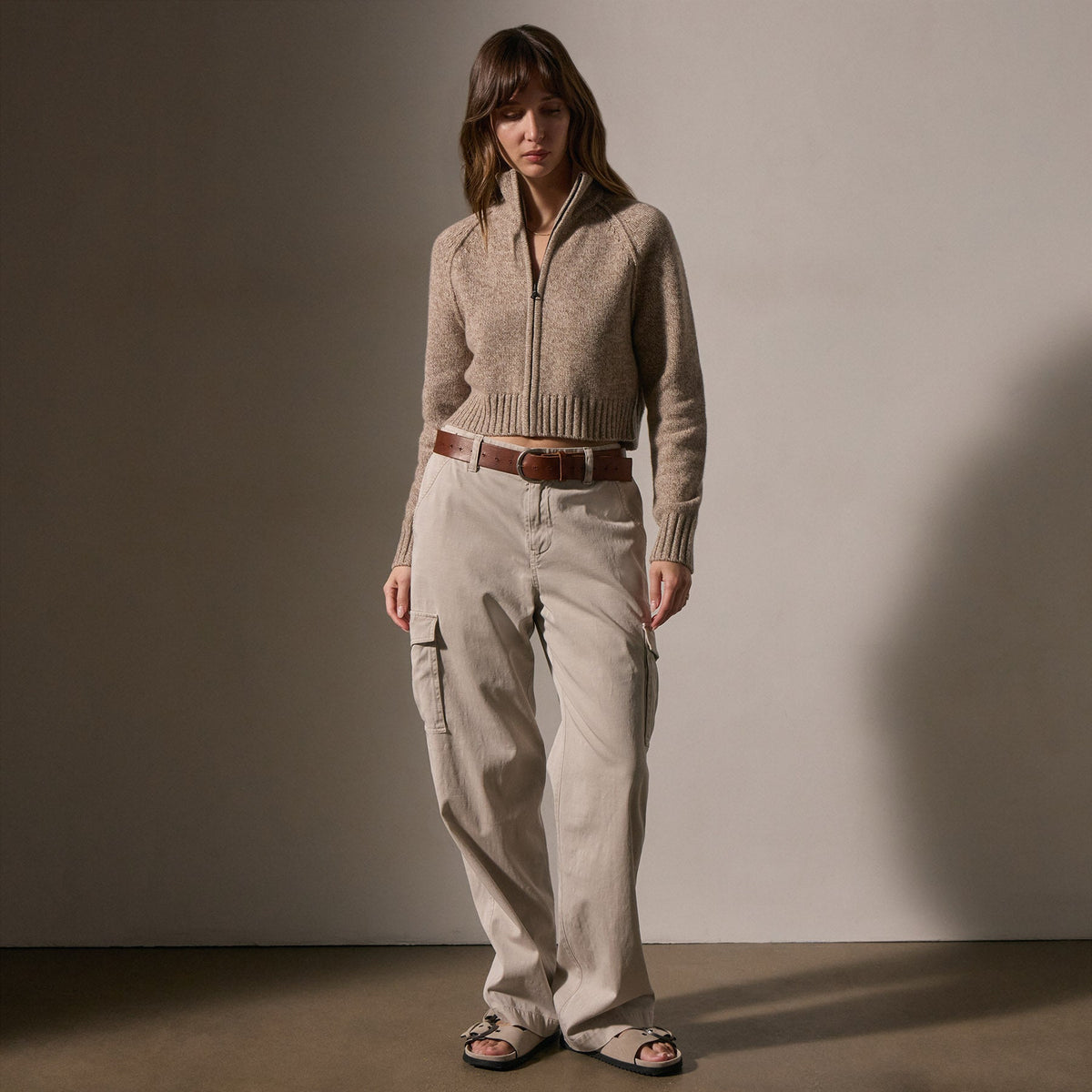 Cashmere Marled Zip Up in Stone Marl | James Perse Los Angeles