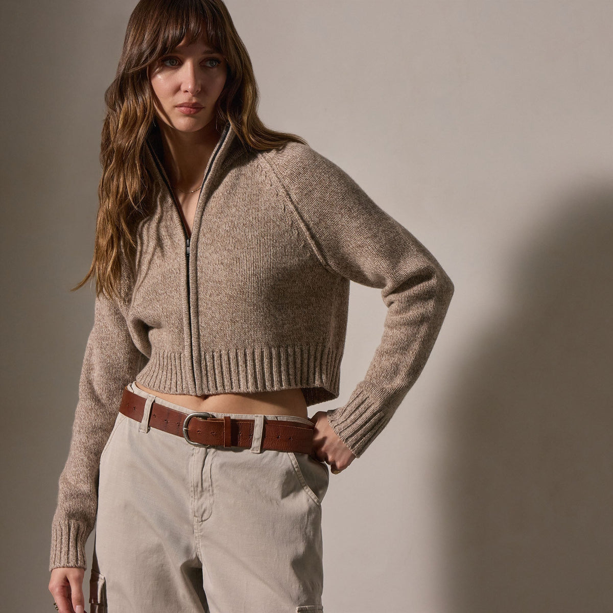 Cashmere Marled Zip Up in Stone Marl | James Perse Los Angeles
