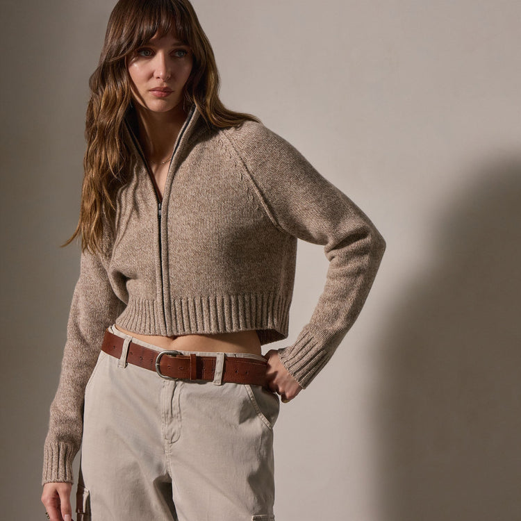Cashmere Marled Zip Up in Stone Marl | James Perse Los Angeles