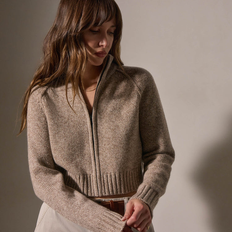 Cashmere Marled Zip Up in Stone Marl | James Perse Los Angeles