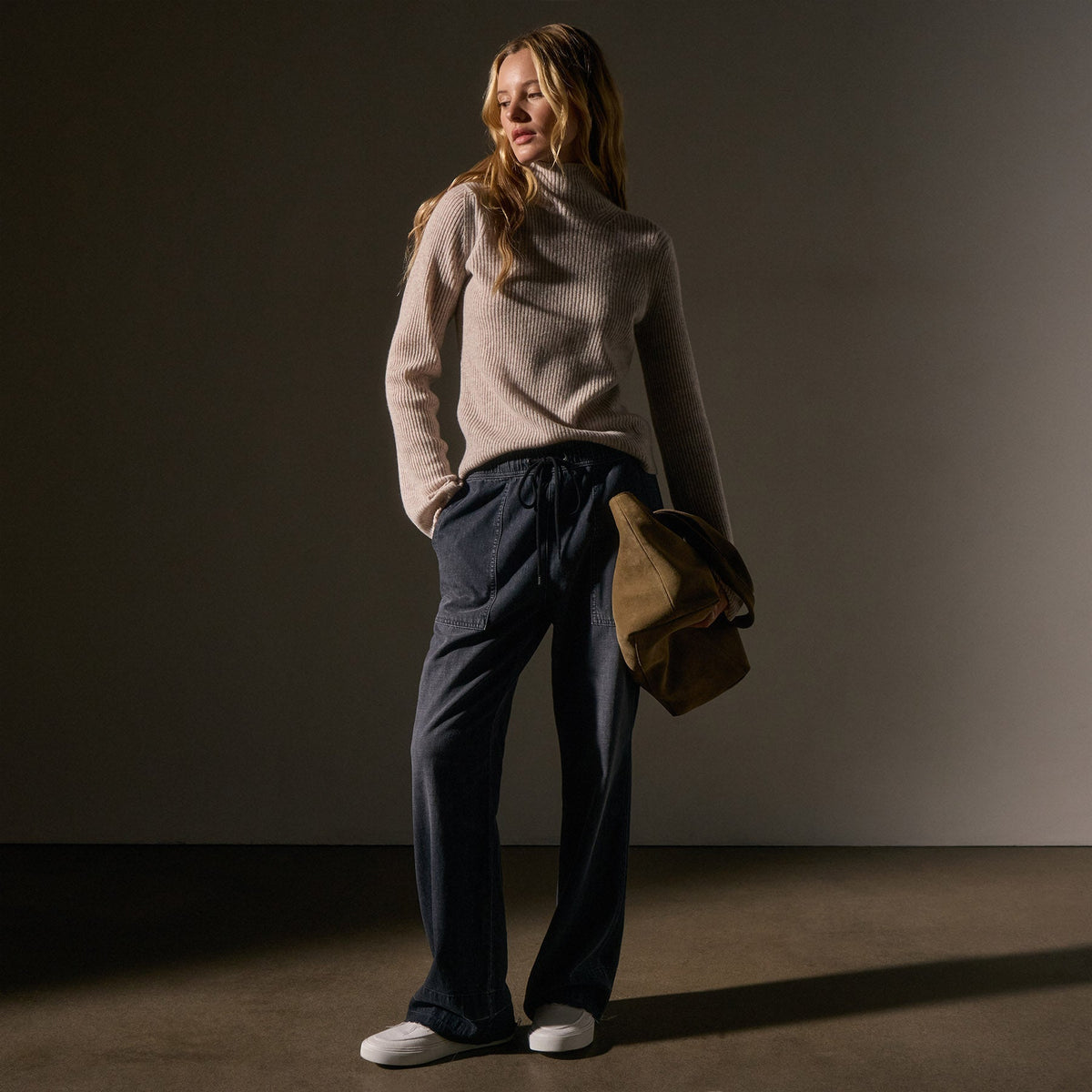 Recycled Cashmere Funnel Neck in Soft Beige | James Perse Los Angeles