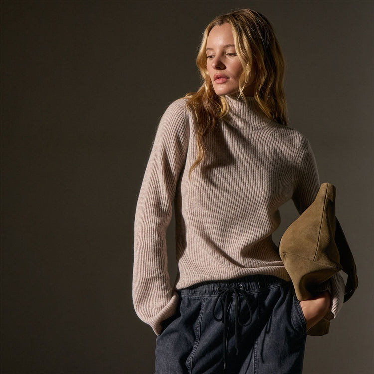 Recycled Cashmere Funnel Neck in Soft Beige | James Perse Los Angeles