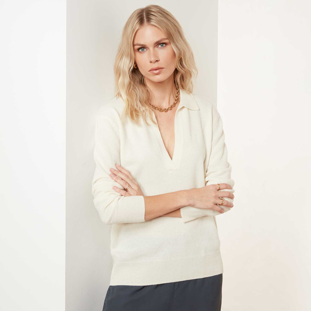 Recycled Cashmere Open Polo - Milk | James Perse Los Angeles
