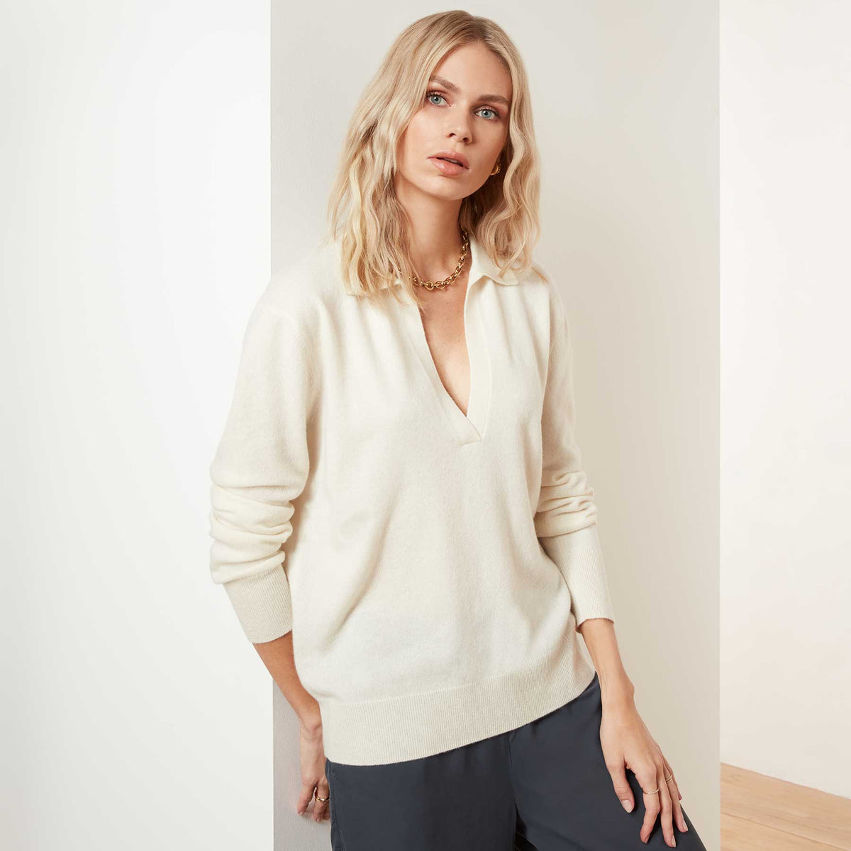 Recycled Cashmere Open Polo - Milk | James Perse Los Angeles