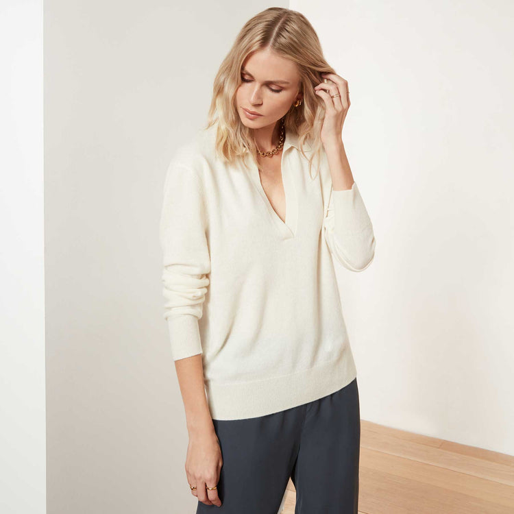 Recycled Cashmere Open Polo - Milk | James Perse Los Angeles