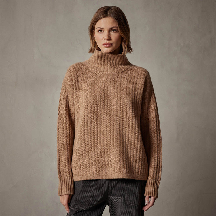 Ribbed Cashmere Funnel Neck in Caramel | James Perse Los Angeles