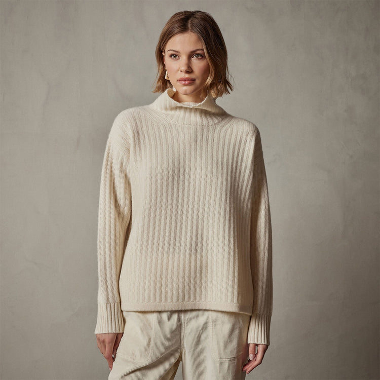 Ribbed Cashmere Funnel Neck in Ivory | James Perse Los Angeles