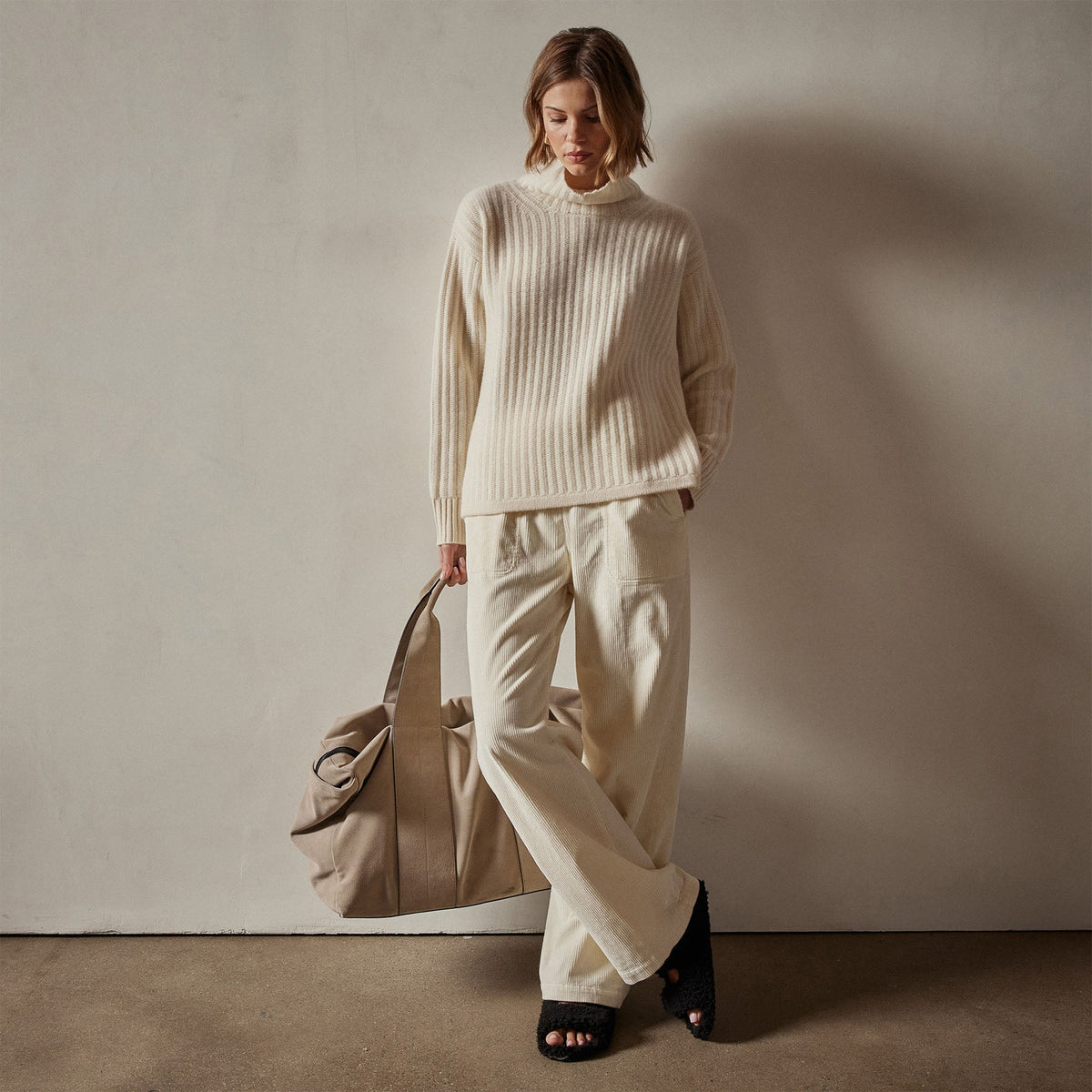 Ribbed Cashmere Funnel Neck in Ivory | James Perse Los Angeles