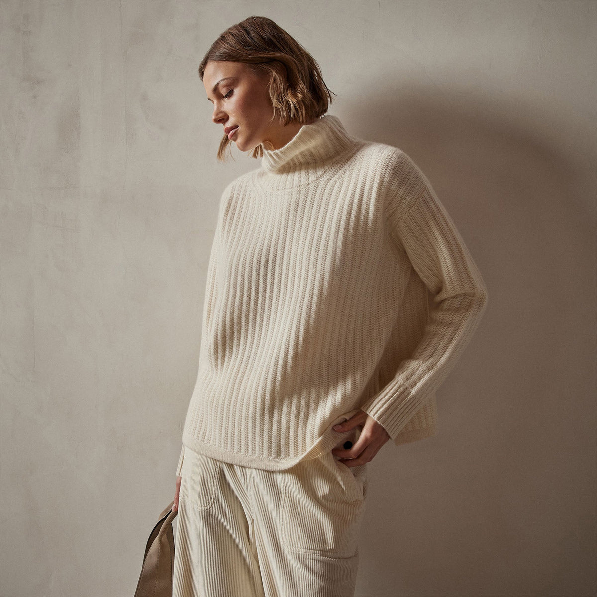 Ribbed Cashmere Funnel Neck in Ivory | James Perse Los Angeles