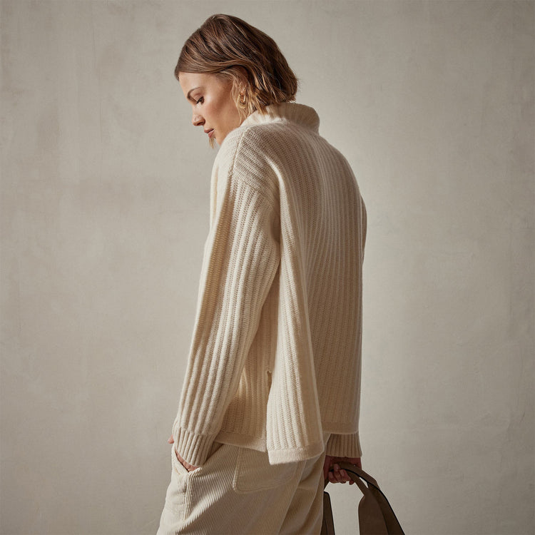 Ribbed Cashmere Funnel Neck in Ivory | James Perse Los Angeles