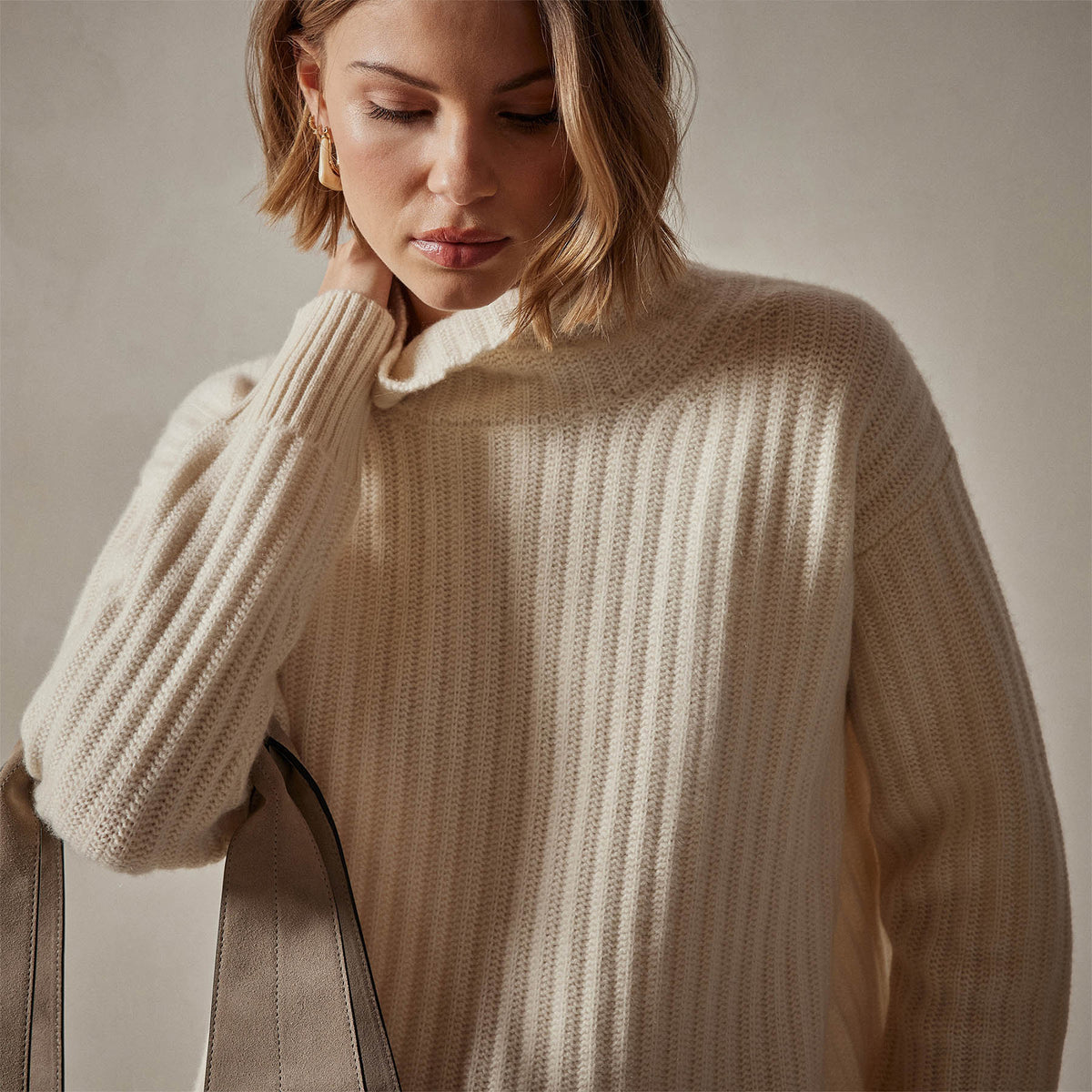 Ribbed Cashmere Funnel Neck in Ivory | James Perse Los Angeles