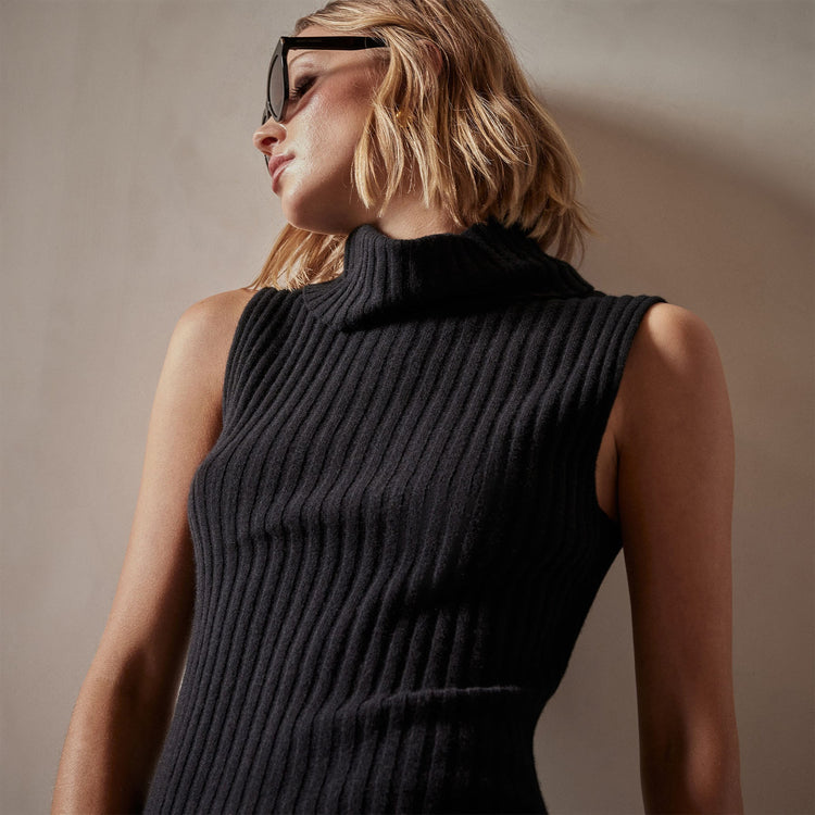 Ribbed Cashmere Sleeveless Turtleneck in Black | James Perse Los Angeles