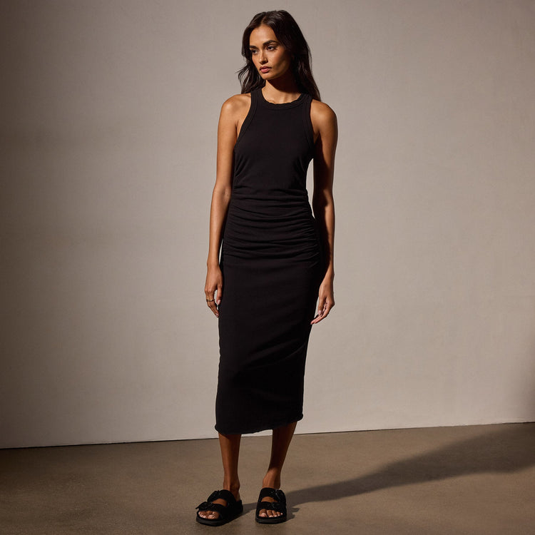 Ruched Cut Away Tank Dress in Black | James Perse Los Angeles