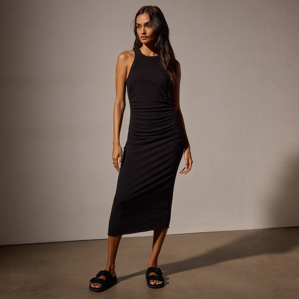 Ruched Cut Away Tank Dress in Black | James Perse Los Angeles