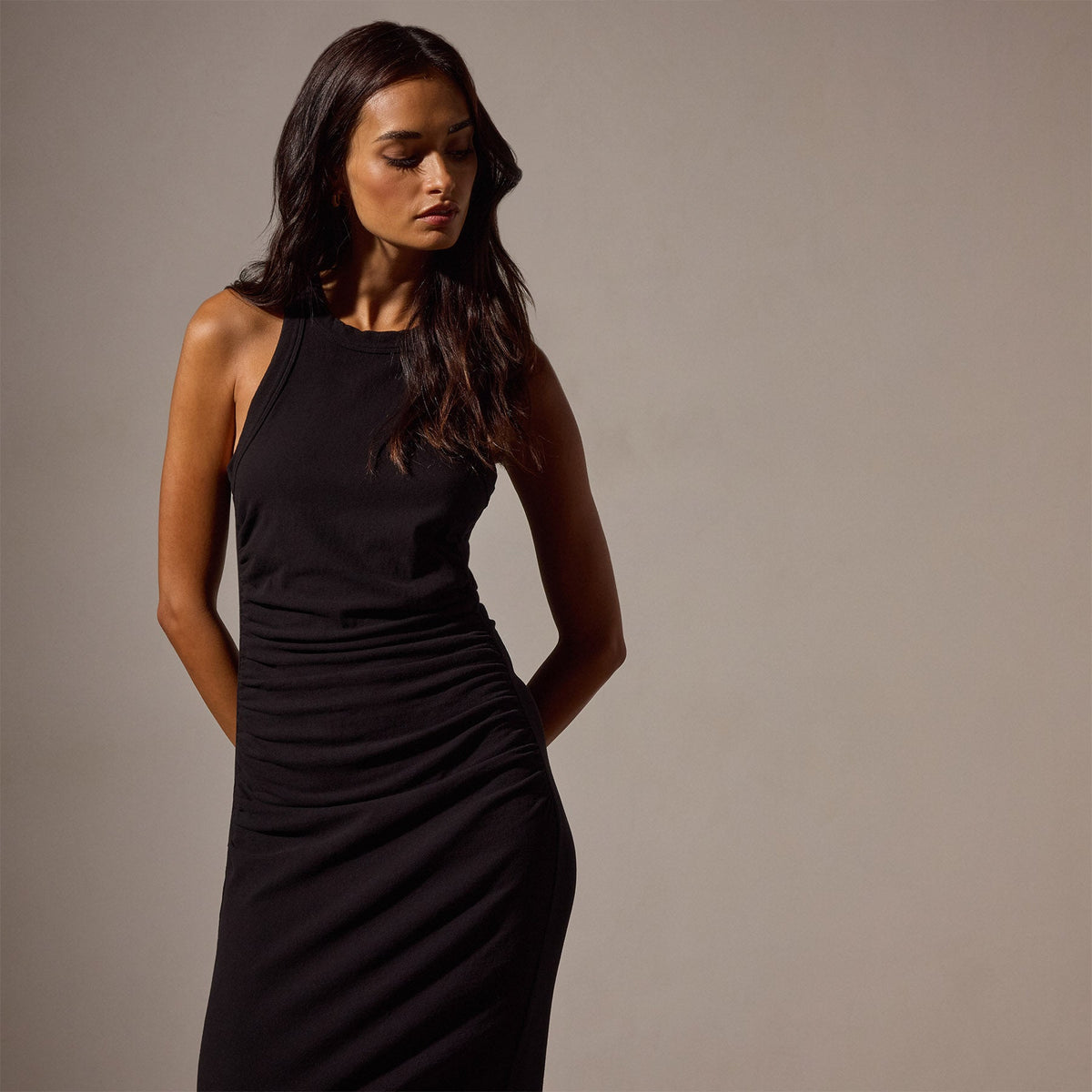 Ruched Cut Away Tank Dress in Black | James Perse Los Angeles