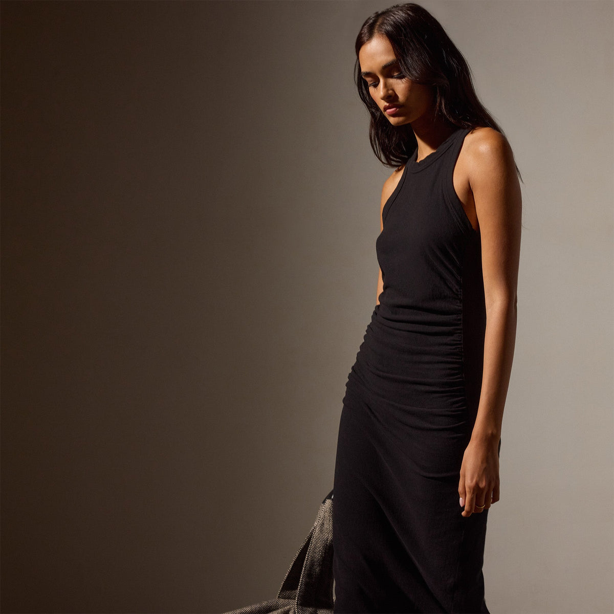 Ruched Cut Away Tank Dress in Black | James Perse Los Angeles