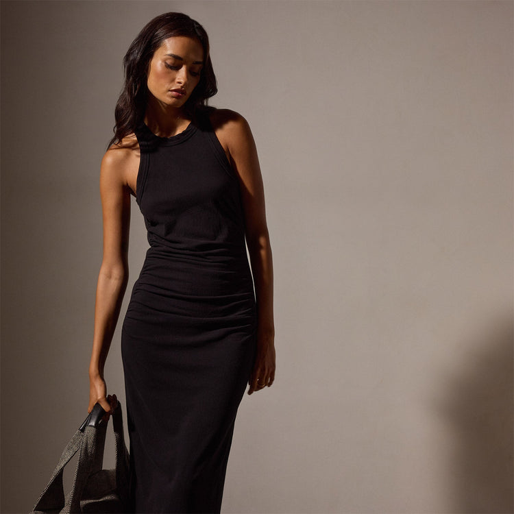 Ruched Cut Away Tank Dress in Black | James Perse Los Angeles