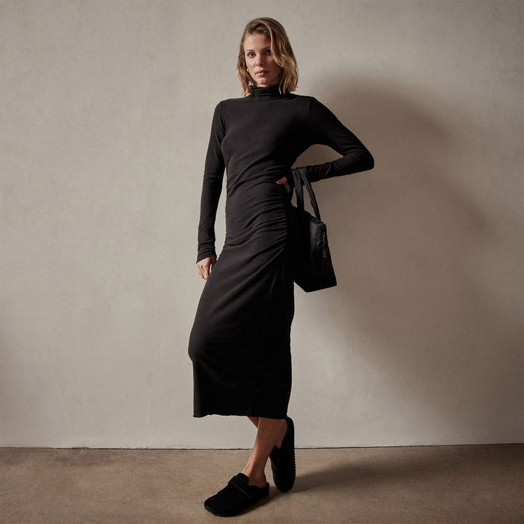 Recycled Brushed Jersey Ruched Turtleneck Dress in Black | James Perse Los Angeles
