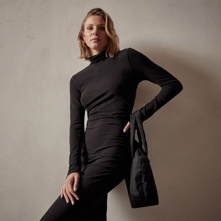 Recycled Brushed Jersey Ruched Turtleneck Dress in Black | James Perse Los Angeles