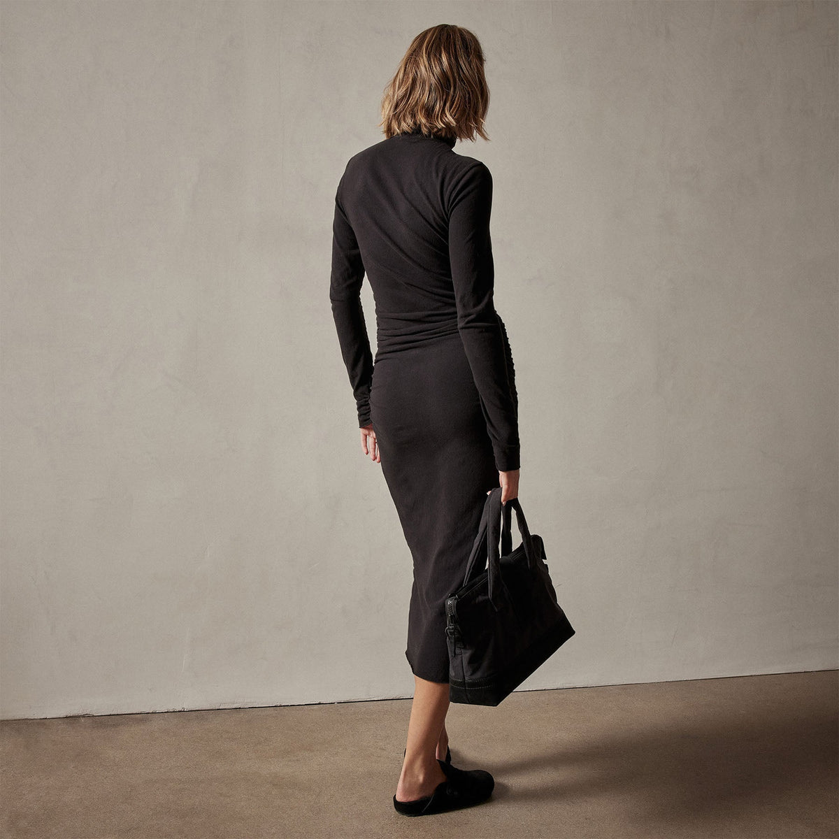 Recycled Brushed Jersey Ruched Turtleneck Dress in Black | James Perse Los Angeles