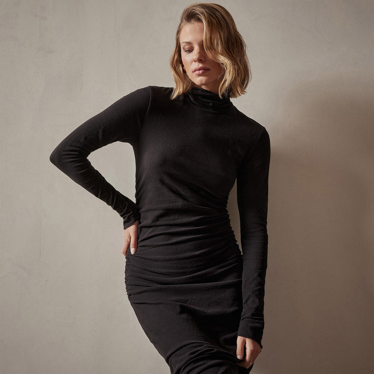 Recycled Brushed Jersey Ruched Turtleneck Dress in Black | James Perse Los Angeles