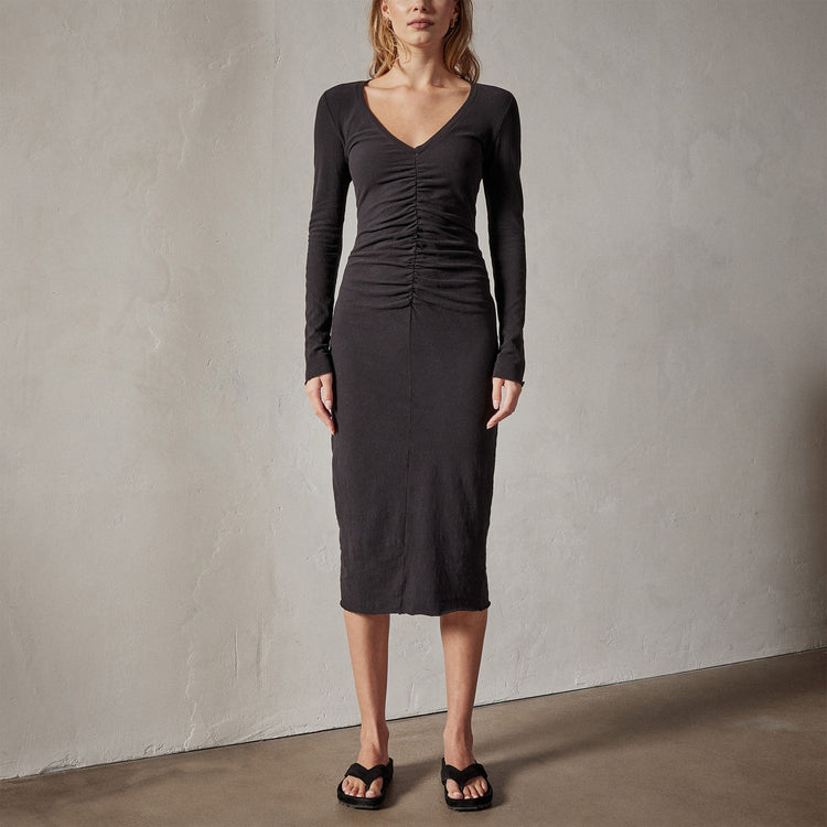 deep v front ruched dress black wrbj6724 | James Perse Los Angeles 