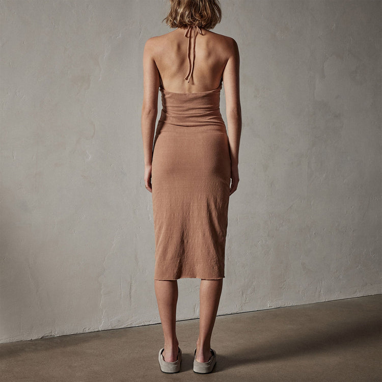 Recycled Brushed Jersey Halter Dress in Nutmeg Pigment | James Perse Los Angeles
