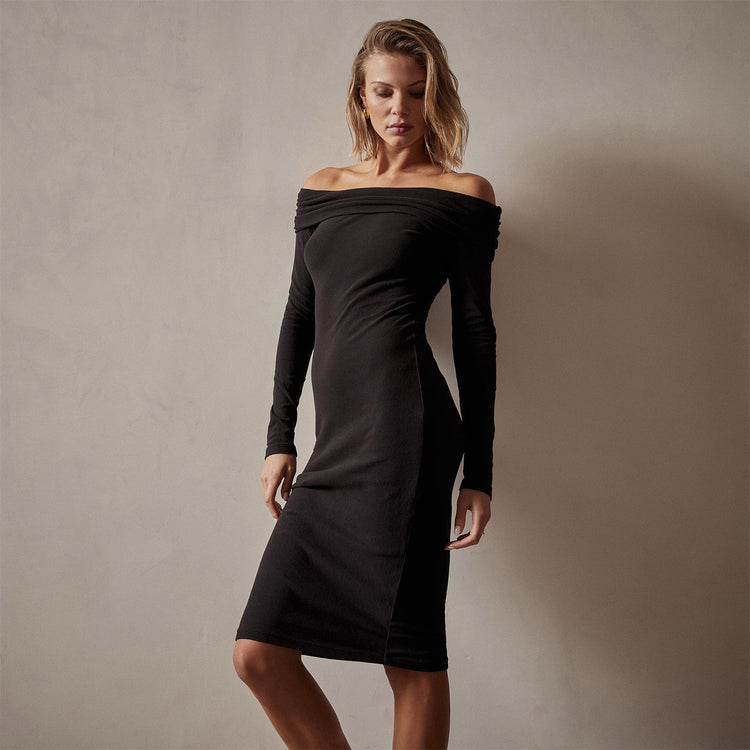 Brushed Jersey Off The Shoulder Dress in Black | James Perse Los Angeles