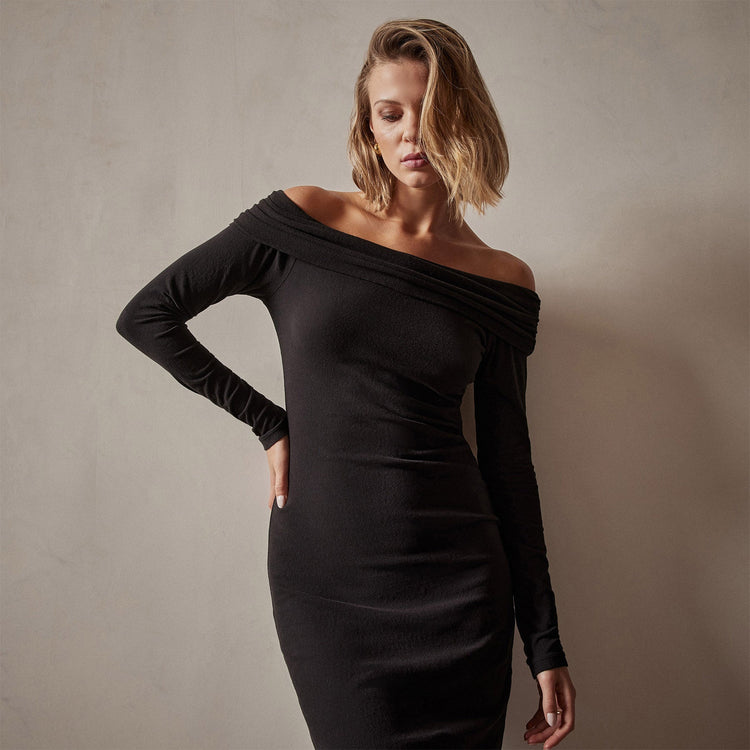 Brushed Jersey Off The Shoulder Dress in Black | James Perse Los Angeles