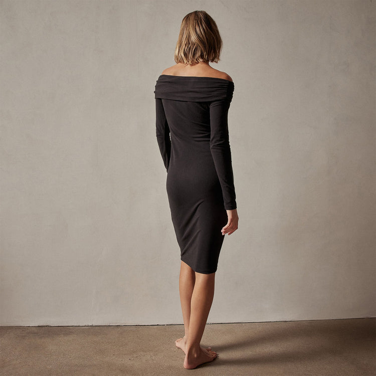 Brushed Jersey Off The Shoulder Dress in Black | James Perse Los Angeles